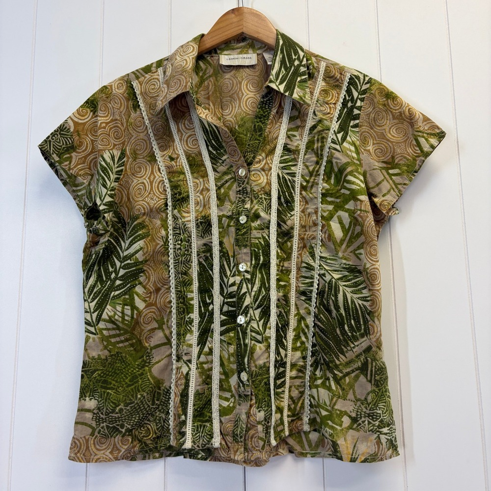 Lemon Grass Tropical Lace Trim Button Down Top Women Size Large Boho Summer Chic
